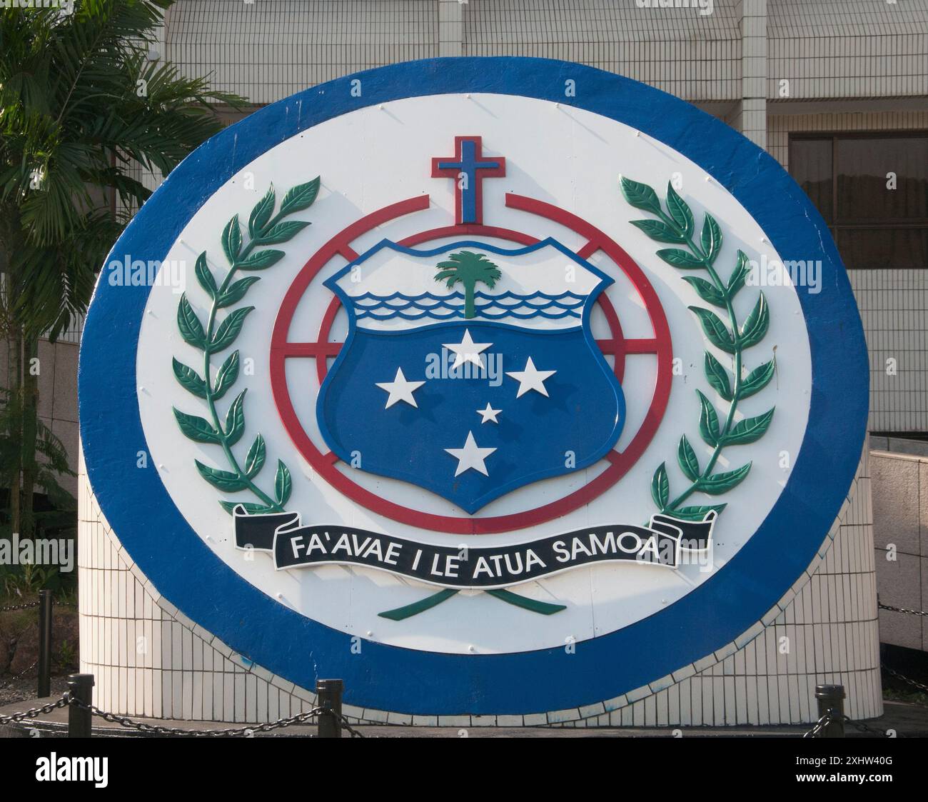 Stemma nazionale al Palazzo del governo, Apia, Samoa Foto Stock