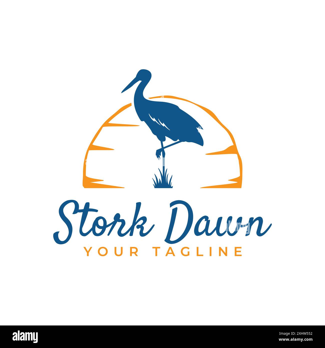 Silhouette animale cicognolo con modello con logo Circle Sun Nature Illustrazione Vettoriale