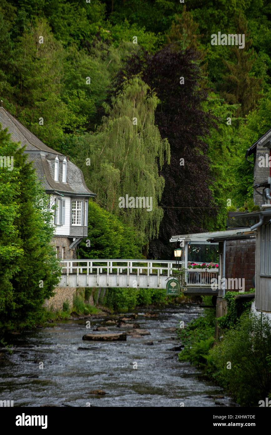 Monschau si trova sulle colline dell'Eifel settentrionale, all'interno del Parco naturale Hohes Venn - Eifel, nella stretta valle del fiume Rur. Foto Stock