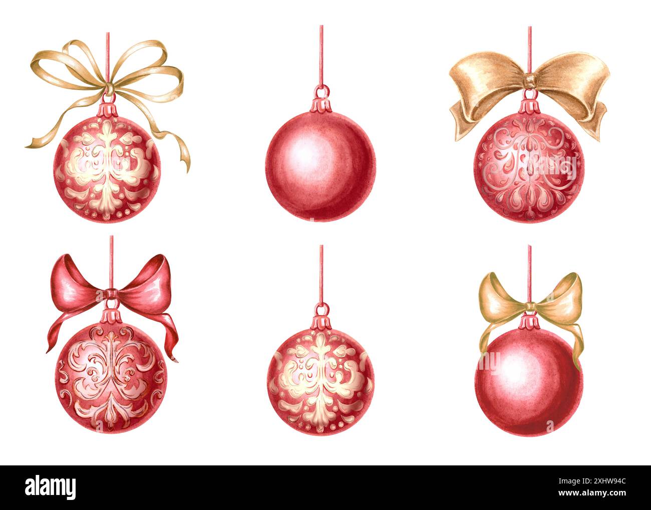 Palle d'albero di Natale rosse con archi in vintage. Set di decorazioni per le case di vacanza di Capodanno. Illustrazione ad acquerello disegnata a mano isolata. Inverno Foto Stock