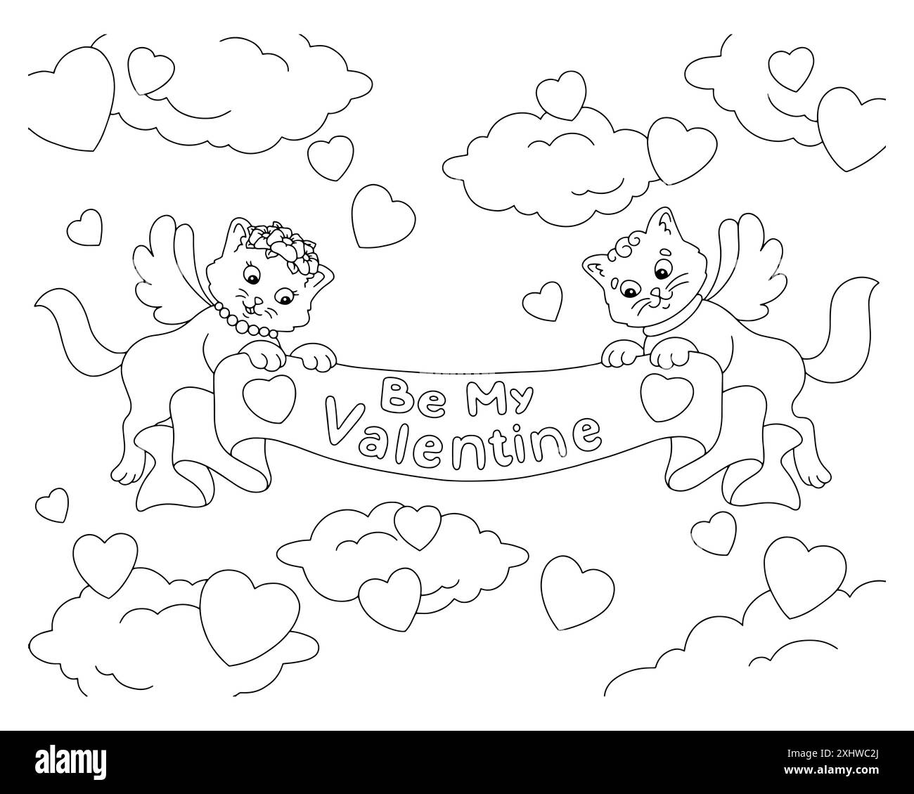 I gatti innamorati delle ali reggono un nastro con un'iscrizione. Pagina di libri da colorare per bambini. San Valentino. Personaggio in stile cartoni animati. Illustrazione vettoriale Illustrazione Vettoriale