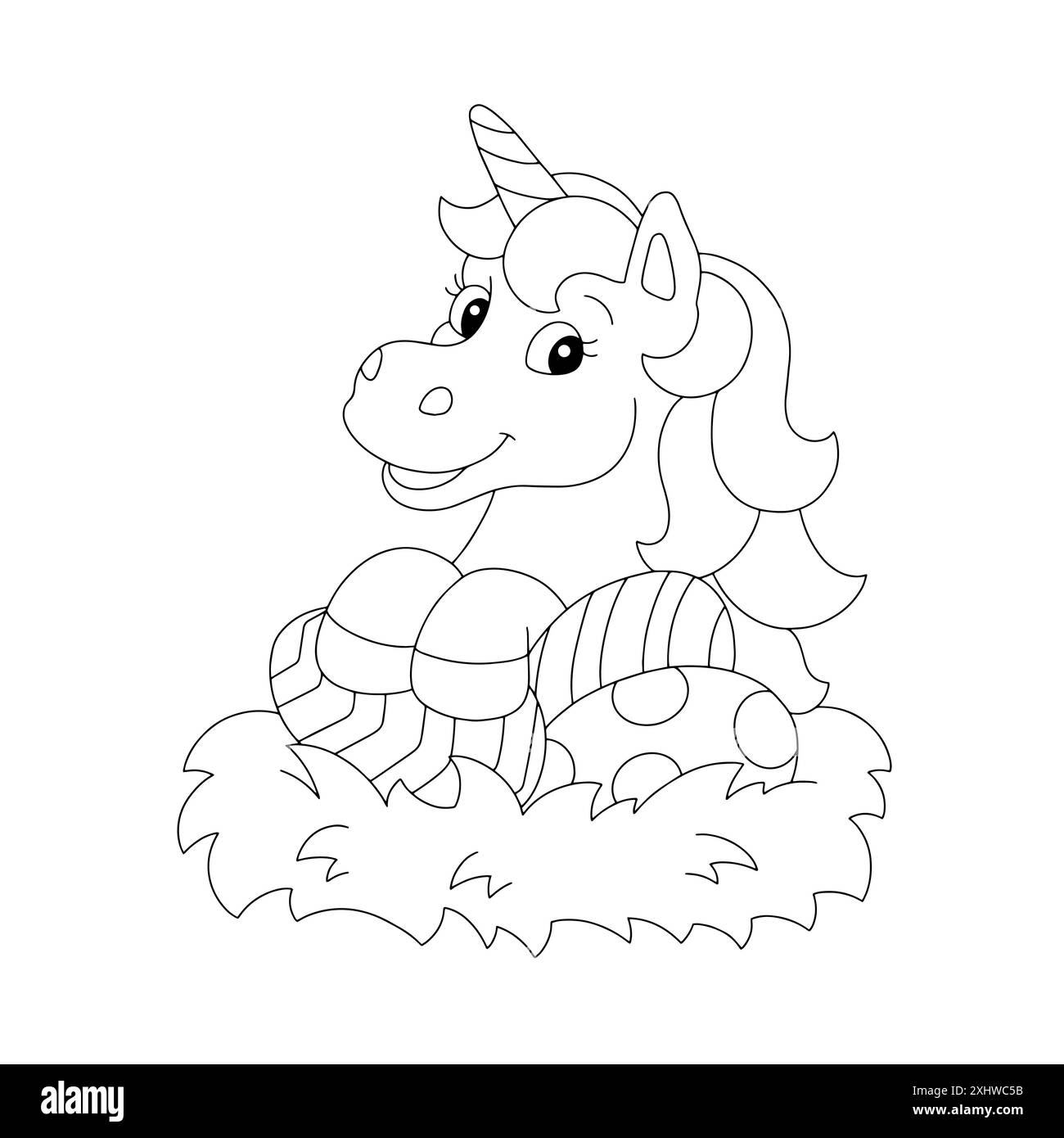 Simpatico unicorno e nido con uova di pasqua. Pagina di libri da colorare per bambini. Personaggio in stile cartoni animati. Illustrazione vettoriale isolata su sfondo bianco. Illustrazione Vettoriale