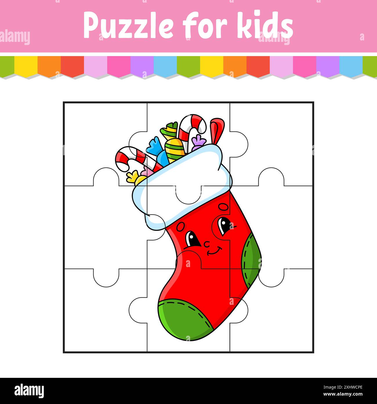 Puzzle per bambini. Pezzi di seghetto alternativo. Foglio di lavoro a colori. Tema di Natale. Pagina attività. Illustrazione vettoriale isolata. stile cartoni animati. Illustrazione Vettoriale