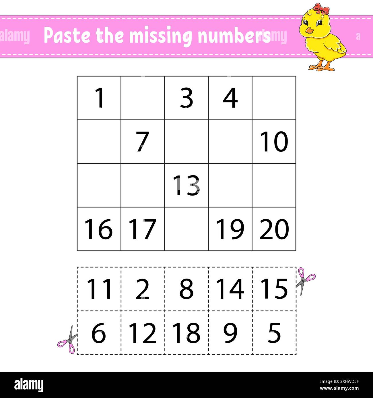 Incollare i numeri mancanti 1-20. Gioco per bambini. Pratica di scrittura a mano. Numeri di apprendimento per i bambini. Foglio di lavoro per lo sviluppo dell'istruzione. Pagina attività. ISO Illustrazione Vettoriale