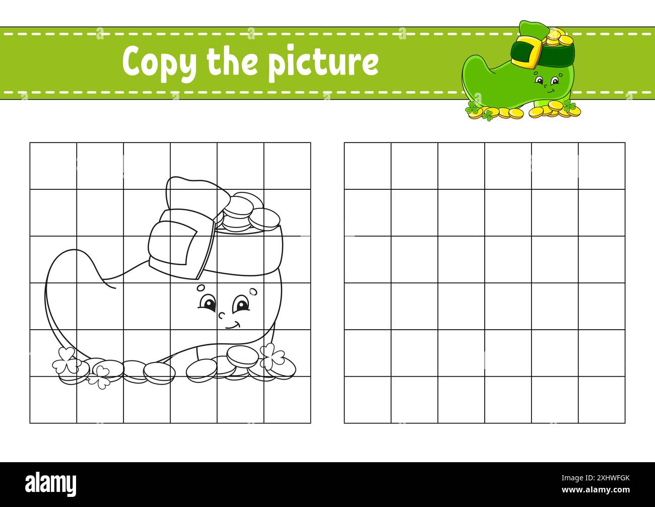 Copiare l'immagine. Pagine di libri da colorare per bambini. Foglio di lavoro per lo sviluppo dell'istruzione. Il giorno di San Patrizio. Gioco per bambini. Pratica di scrittura a mano. cartoon ch Illustrazione Vettoriale