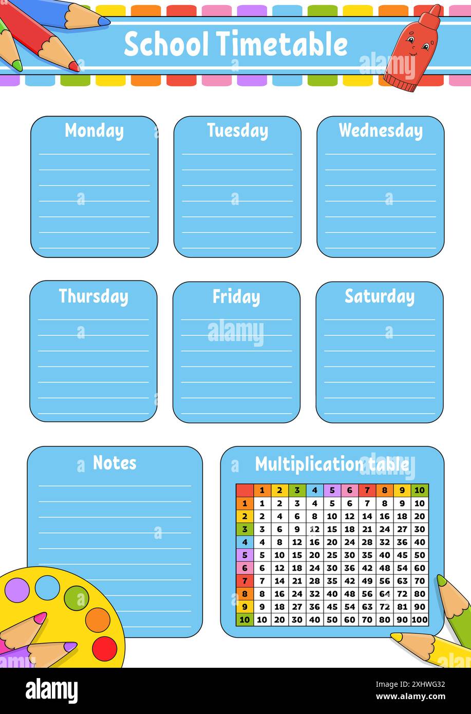 Calendario scolastico con tavolo moltiplicativo. Per l'educazione dei bambini. Isolato su sfondo bianco. Con un simpatico personaggio cartoon. Illustrazione Vettoriale