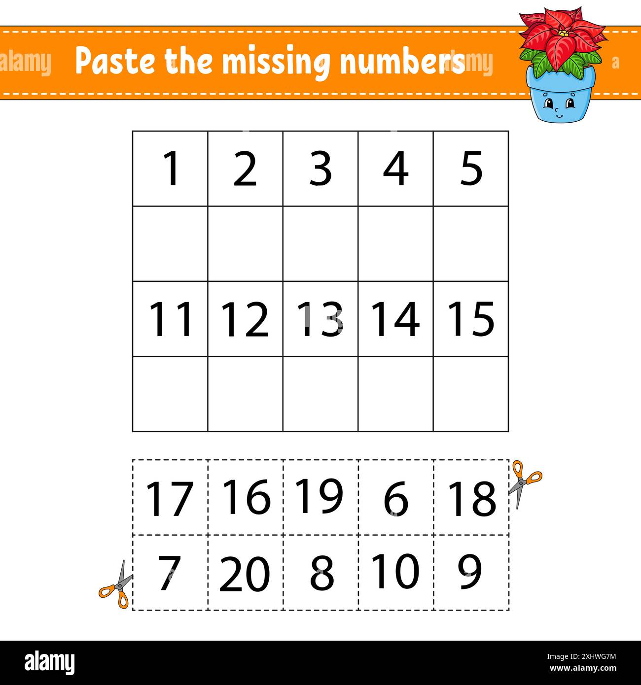 Incollare i numeri mancanti 1-20. Gioco per bambini. Pratica di scrittura a mano. Numeri di apprendimento per i bambini. Foglio di lavoro per lo sviluppo dell'istruzione. Pagina attività. ISO Illustrazione Vettoriale