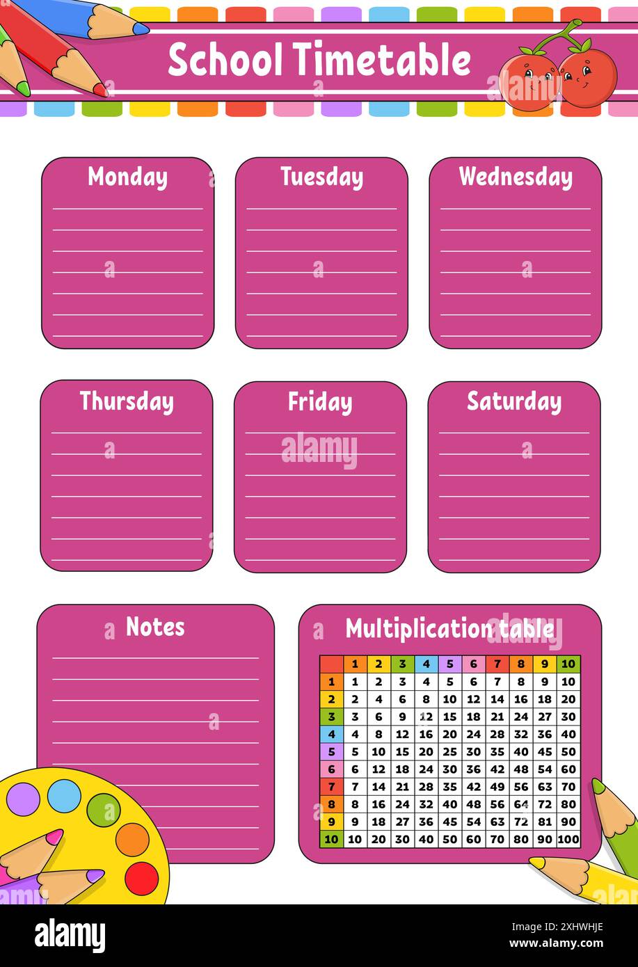 Calendario scolastico con tavolo moltiplicativo. Per l'educazione dei bambini. Isolato su sfondo bianco. Con un simpatico personaggio cartoon. Illustrazione Vettoriale