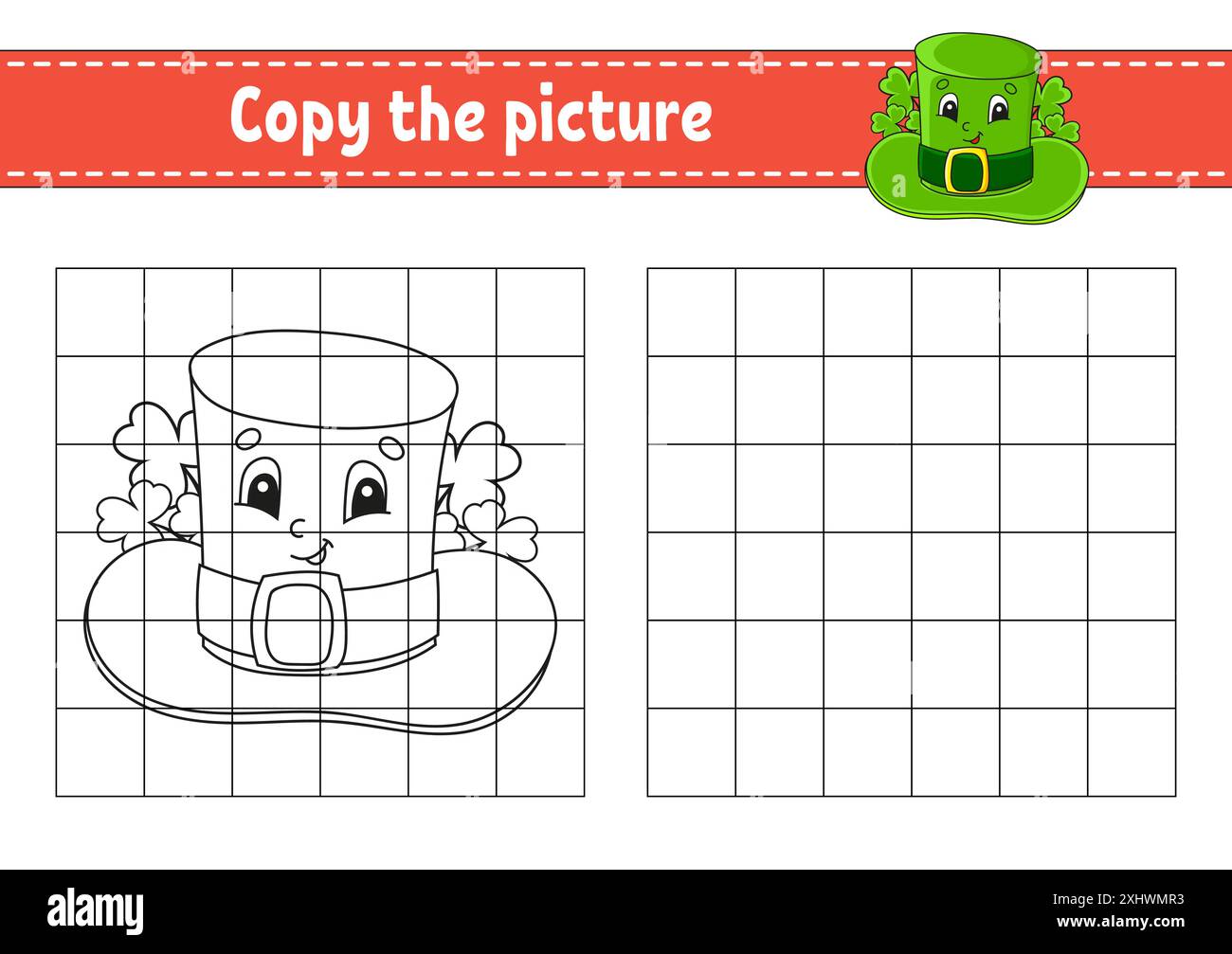 Copiare l'immagine. Pagine di libri da colorare per bambini. Foglio di lavoro per lo sviluppo dell'istruzione. Il giorno di San Patrizio. Gioco per bambini. Pratica di scrittura a mano. cartoon ch Illustrazione Vettoriale