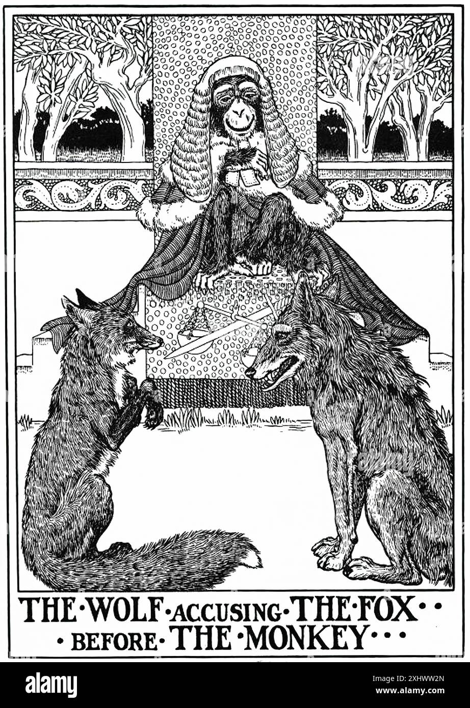 BILLINGHURST Percy J The Wolf accusa la volpe davanti alla scimmia A Hundred Fables of la Fontaine 1900 - illustrazione dell'era vittoriana Foto Stock