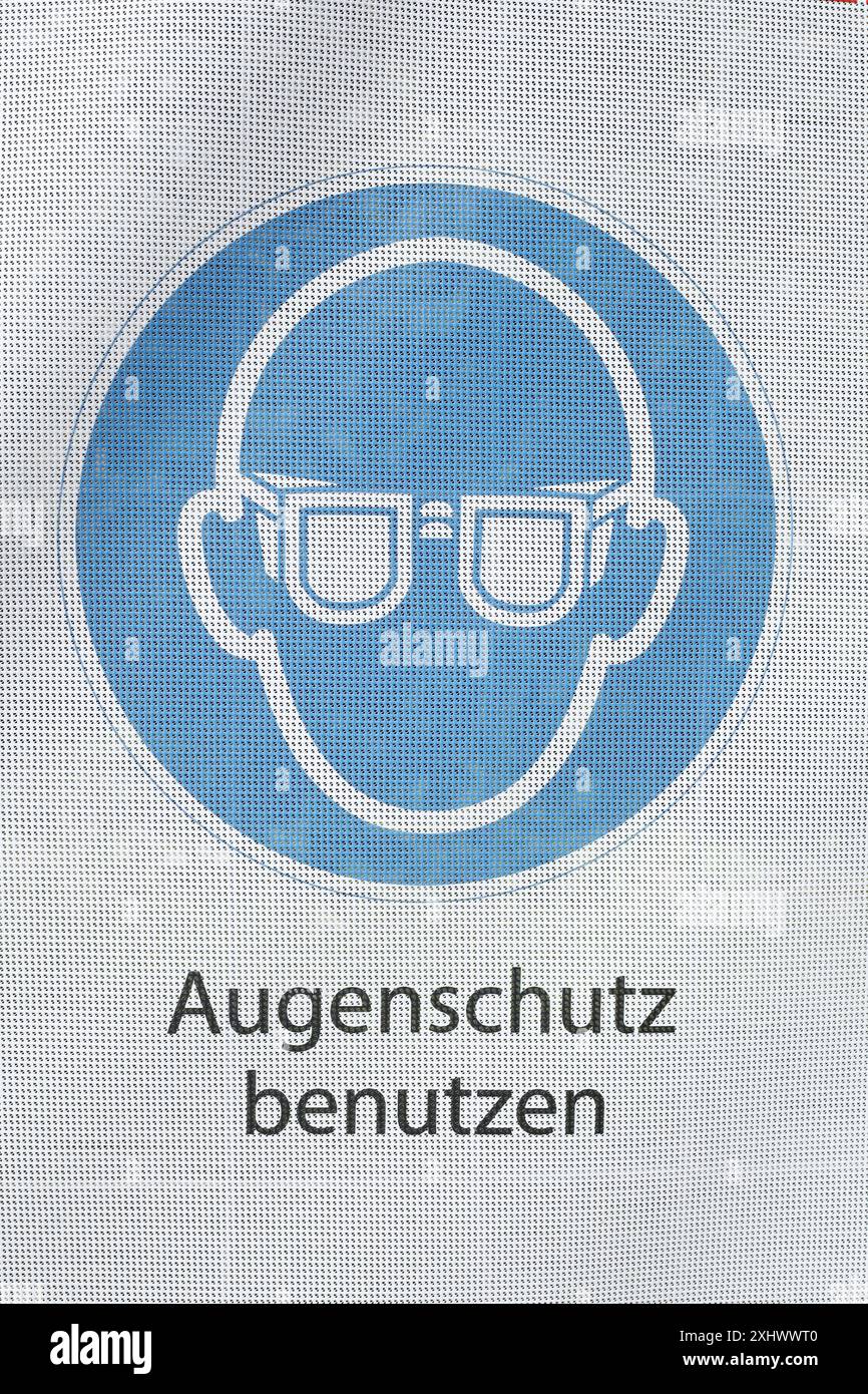 Cartello di avvertimento usare protezione per gli occhi, Germania Foto Stock
