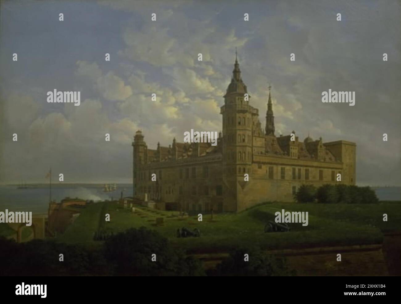 Un dipinto di Ferdinand Richardt (1819-1895) raffigurante il castello di Kronborg visto dal bastione nord, mostrando architettura, paesaggio e acqua che circondano il castello nella Danimarca del XIX secolo. Foto Stock