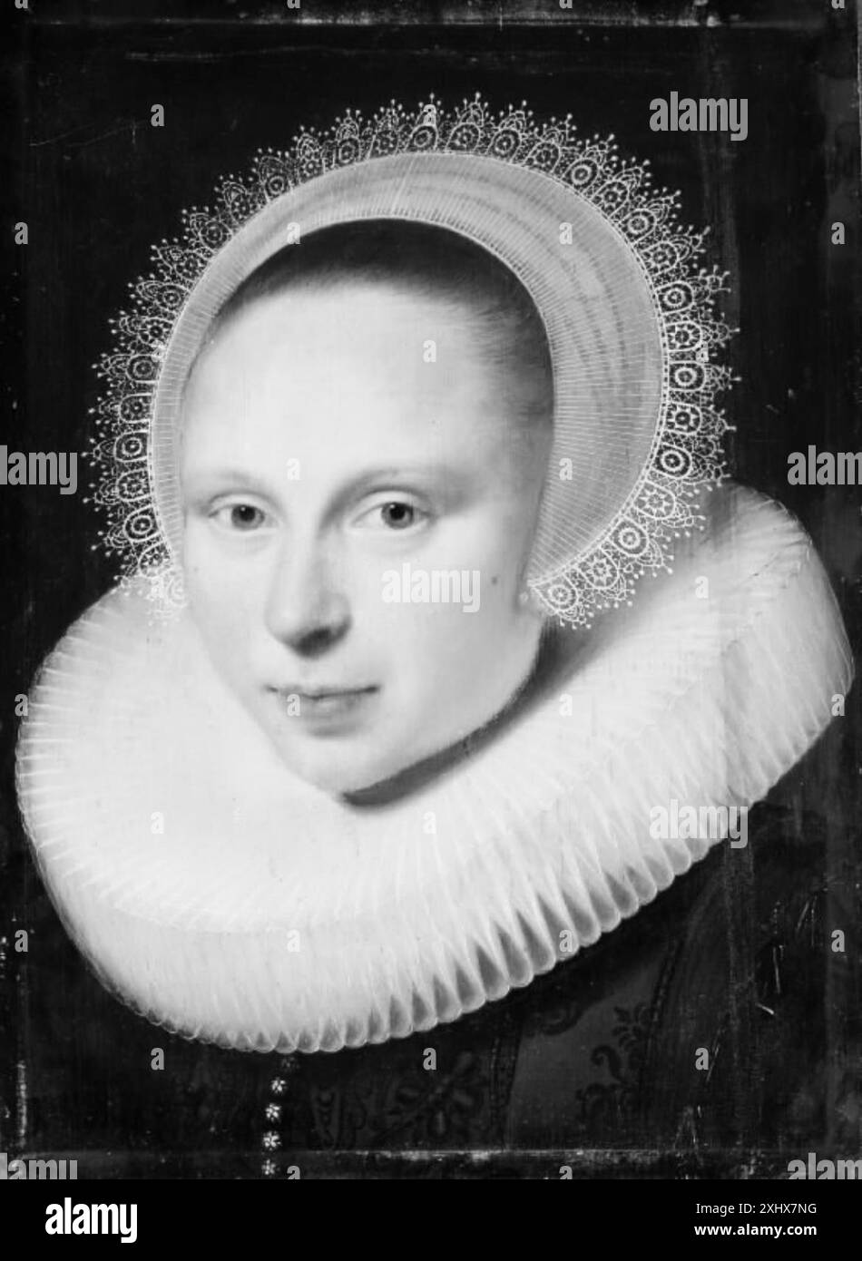 Un ritratto di Jan Antonisz van Ravesteyn (1572-1657) raffigurante una donna in abbigliamento formale, evidenziando l'espressione facciale, la postura e i dettagli interni. Foto Stock