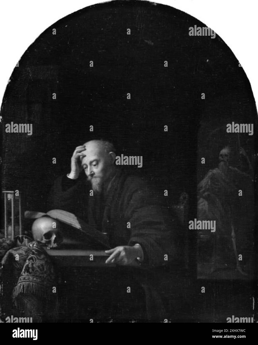 Dipinto di Toussaint Gelton raffigurante uno studioso e la morte, mostrando figura umana, figura scheletrica, postura e interazione simbolica in un ambiente del XVII secolo. Foto Stock