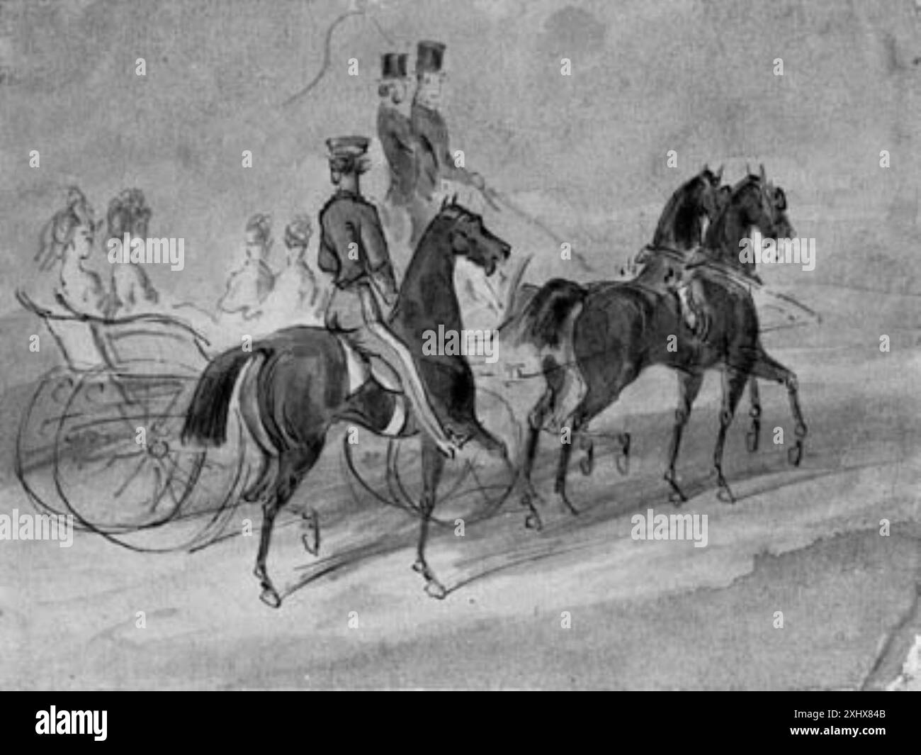 Disegno di Constantin Guys che mostra quattro eleganti signore in una carrozza aperta trainata da due cavalli, accompagnati da due carrozzieri e un cavaliere, catturando il trasporto urbano e l'abbigliamento sociale. Foto Stock