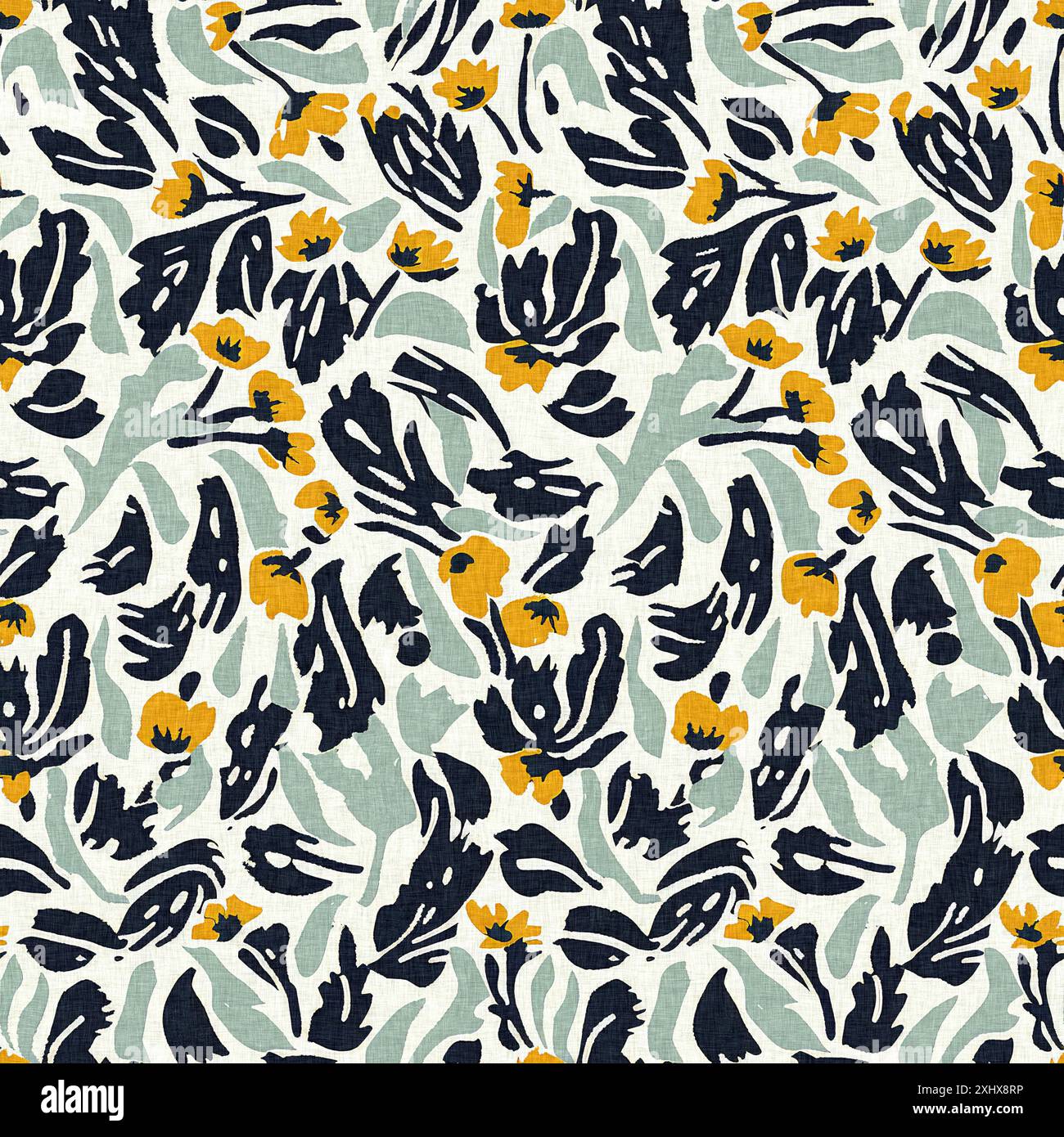 Moderno motivo blockprint in tessuto stampato con fiori selvatici e texture in lino. Motivi floreali boho scuri disegnati a mano stilizzati per elementi di design decorativi Foto Stock