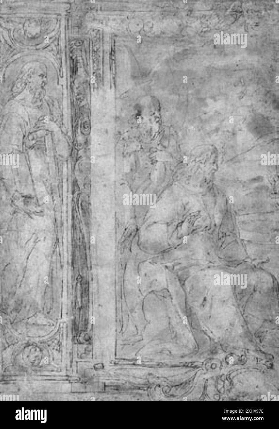 Due pannelli per la decorazione delle pareti. A sinistra Simone apostolo, a destra la metà sinistra di una raffigurazione di Cristo e della donna di Samaria Bellini, Filippo 1550 - 1604 disegni dell'Italia centrale: Scuole di Firenze, Siena, Marche e Umbria. Disegni italiani nel Dipartimento di stampe e disegni, Statens Museum for Kunst, Chris Fischer, nr. 178, pag. 257-258, afb. p.258, k2002-001, 2001 due pannelli per la decorazione di pareti. A sinistra Simone apostolo, a destra la metà sinistra di una raffigurazione di Cristo e della donna di Samaria Foto Stock