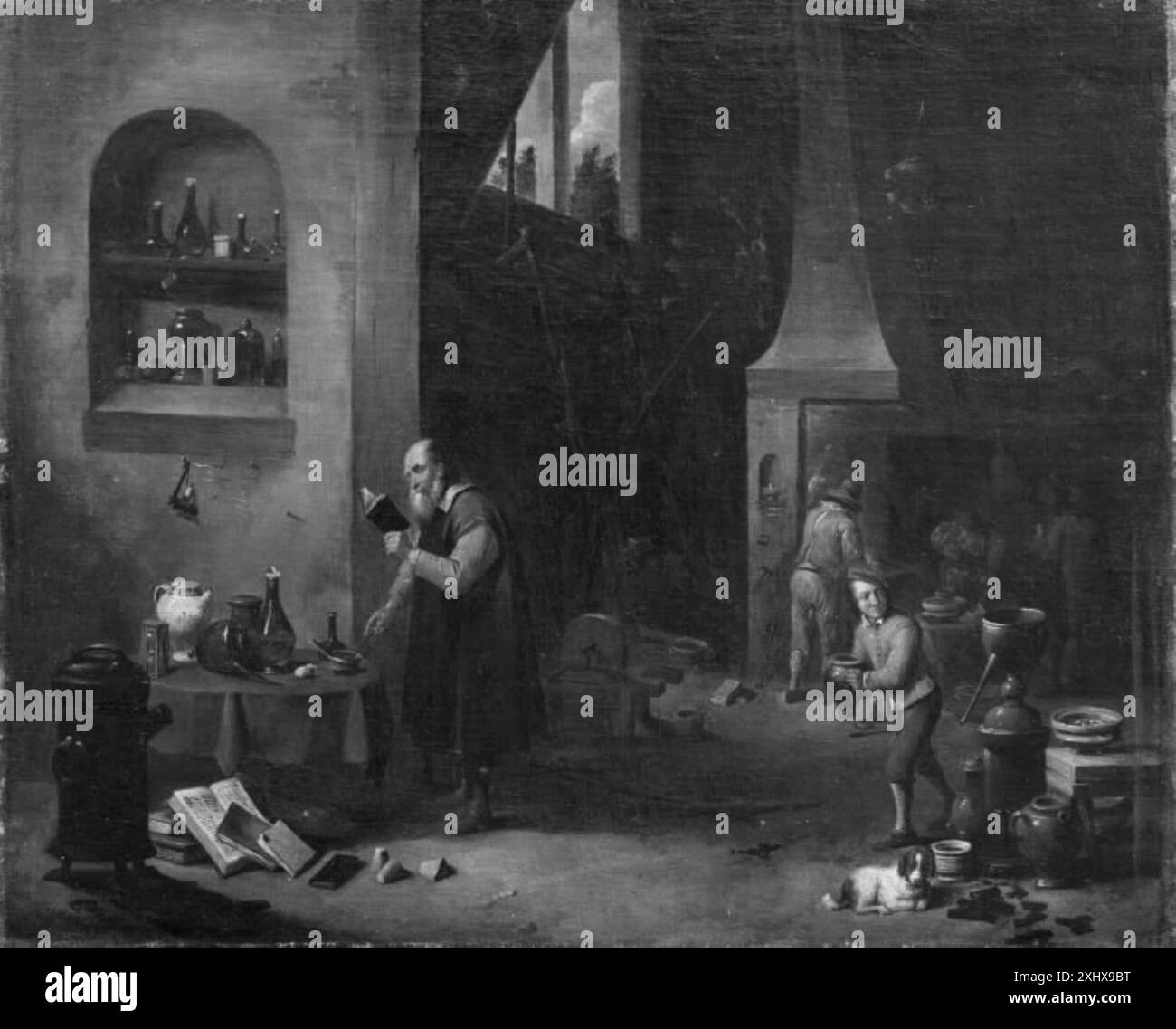 Pittura che mostra un operaio di laboratorio che conduce esperimenti, circondato da strumenti scientifici, vetreria e libri, illustrando pratiche di laboratorio del XVII secolo. Foto Stock