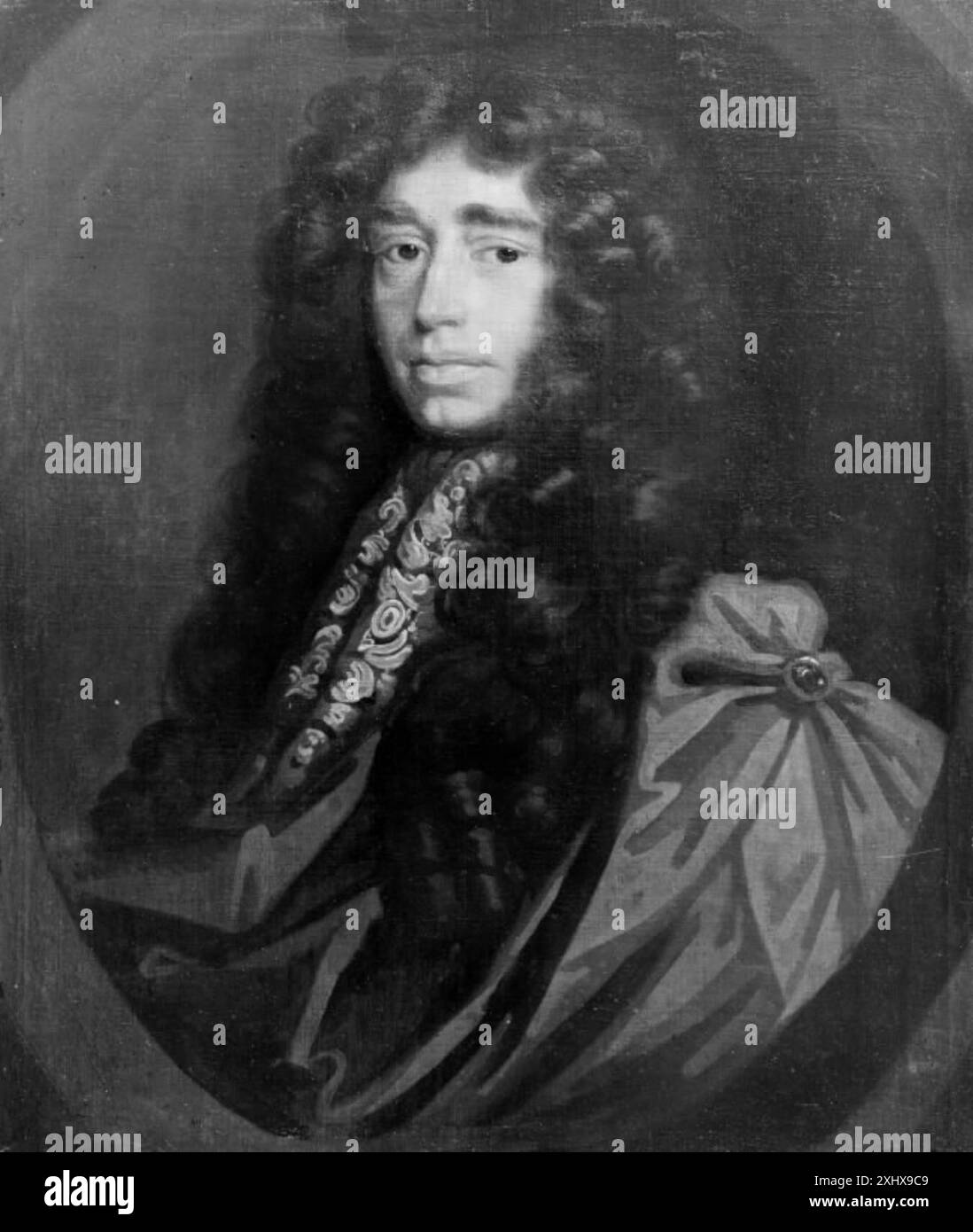 Un ritratto di Sir Peter Lely che mostra le caratteristiche facciali, l'abbigliamento, la postura e l'espressione di un uomo in stile XVII secolo. Foto Stock