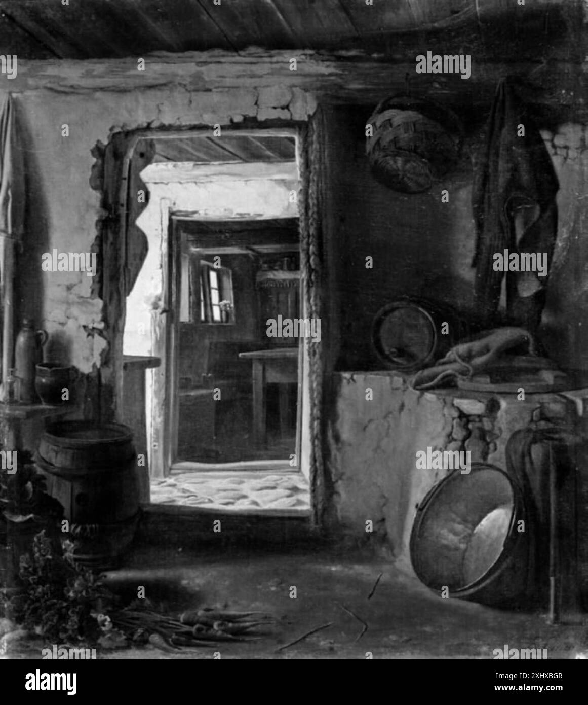 Dipinto di Ernst Laub (1839–1867) che mostra una sala di servizio agricola con attrezzi, contenitori e superfici di lavoro. La composizione cattura la vita rurale domestica e le disposizioni pratiche di una fattoria del XIX secolo. Foto Stock