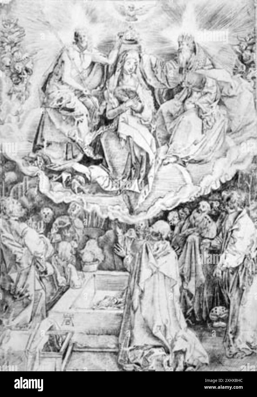 Un disegno di Albrecht Dürer raffigurante l'assunzione e l'incoronazione della Vergine, che mostra figure, composizione e iconografia religiosa. Foto Stock