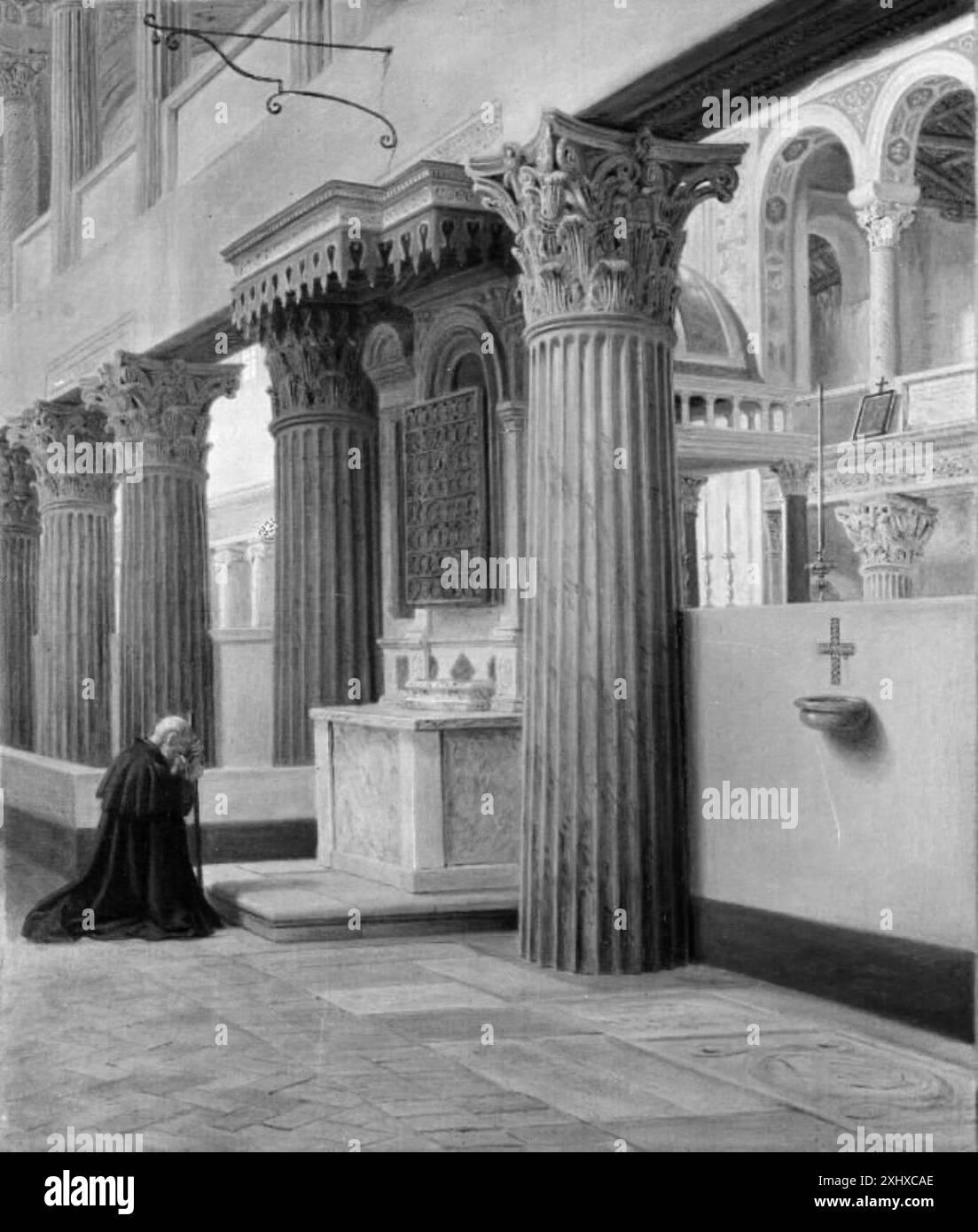 Pittura dell'interno di San Lorenzo fuori le mura di Constantin Hansen (1804-1880), raffigurante dettagli architettonici e ambientazione religiosa. Foto Stock