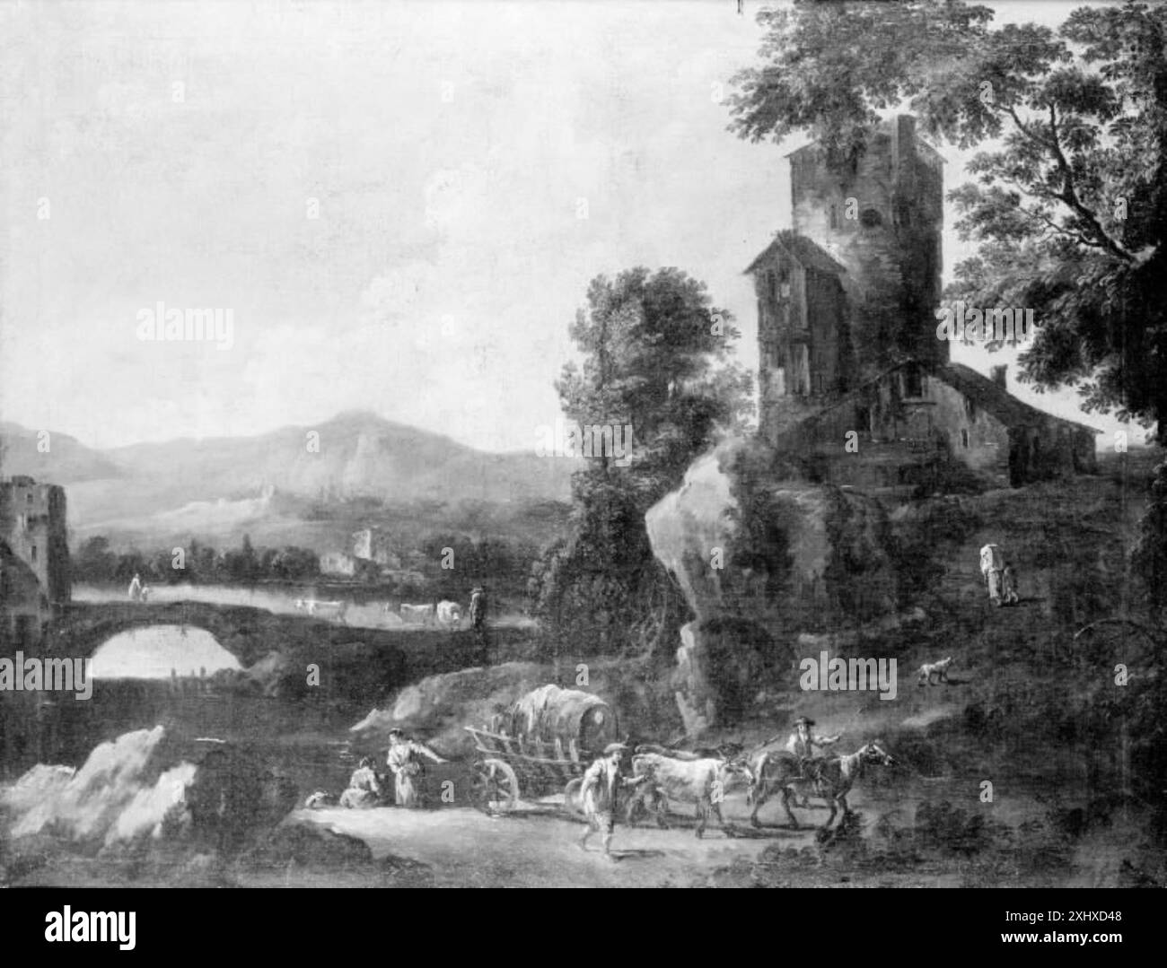 Dipinto di Giuseppe Zais che raffigura un paesaggio montano con edifici pittoreschi che mostrano colline, architettura e alberi. Foto Stock