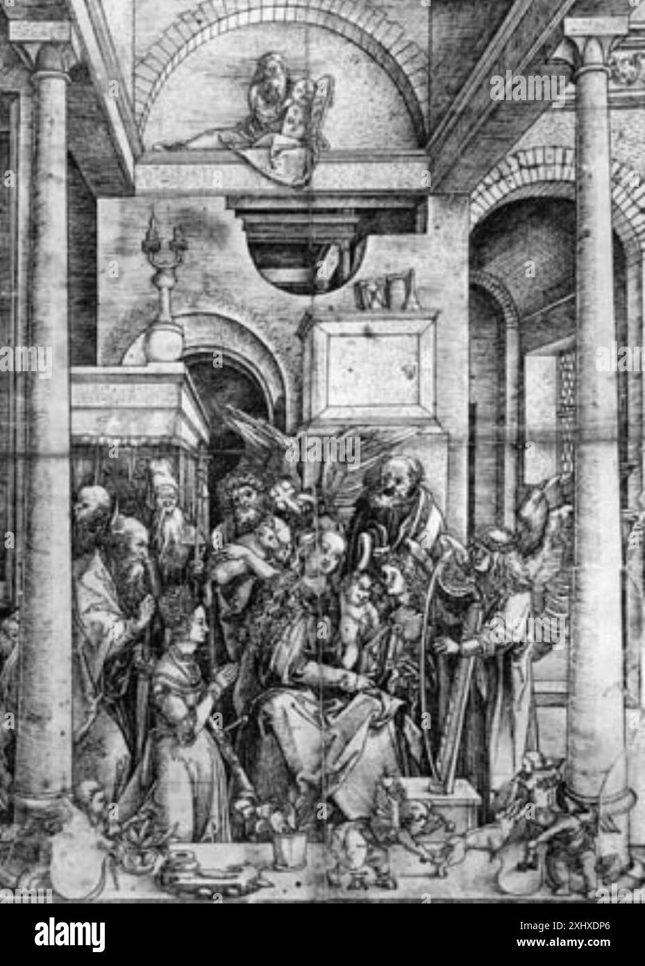Questo disegno di Albrecht Dürer rappresenta la glorificazione della Vergine Maria, creata in Germania prima del 1540, evidenziando l'iconografia religiosa e il lavoro dettagliato di figure. Foto Stock