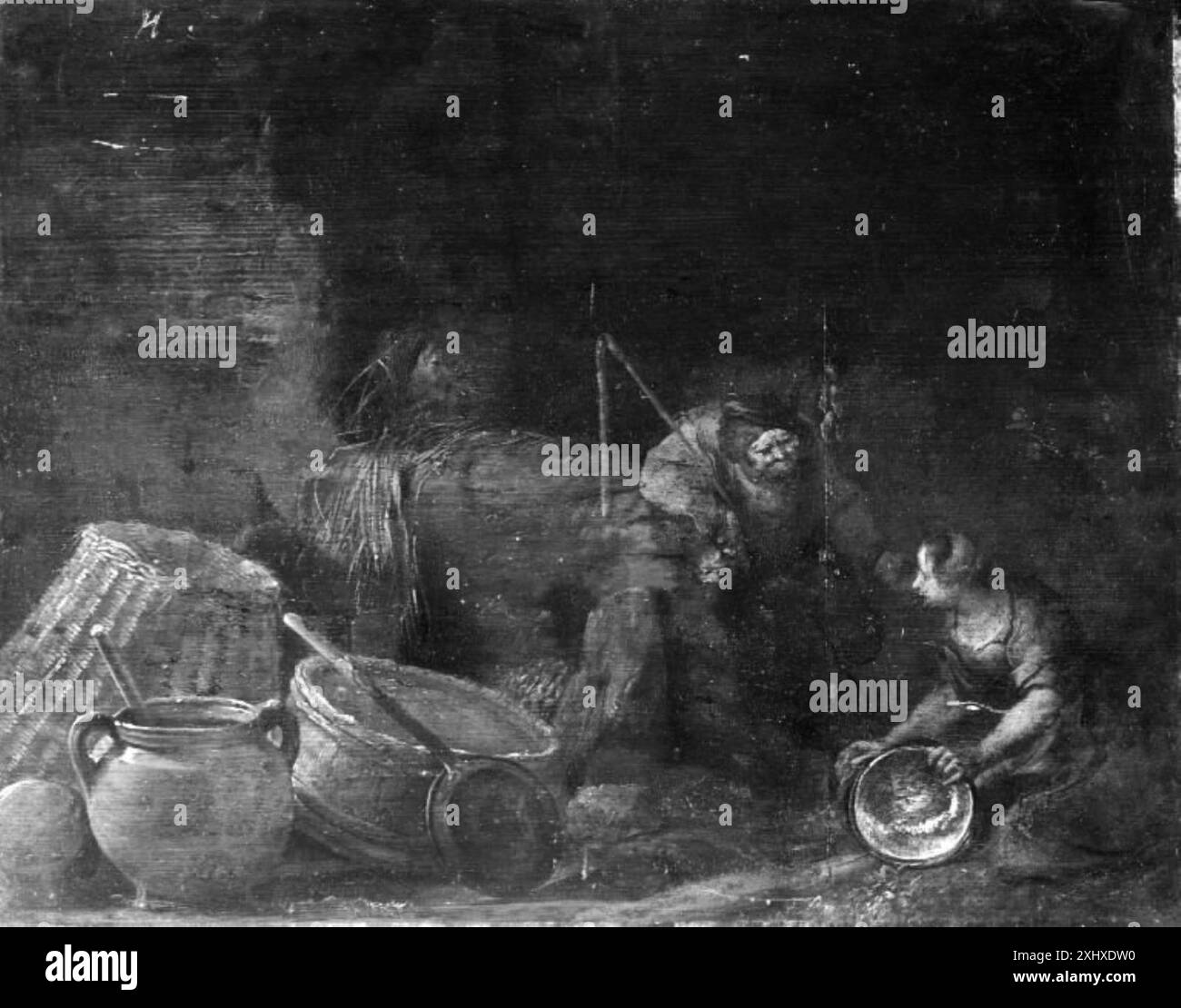 Il dipinto mostra una cameriera di cucina al lavoro, illustrando interni domestici, utensili e abiti d'epoca in un ambiente olandese del XVII secolo. Foto Stock