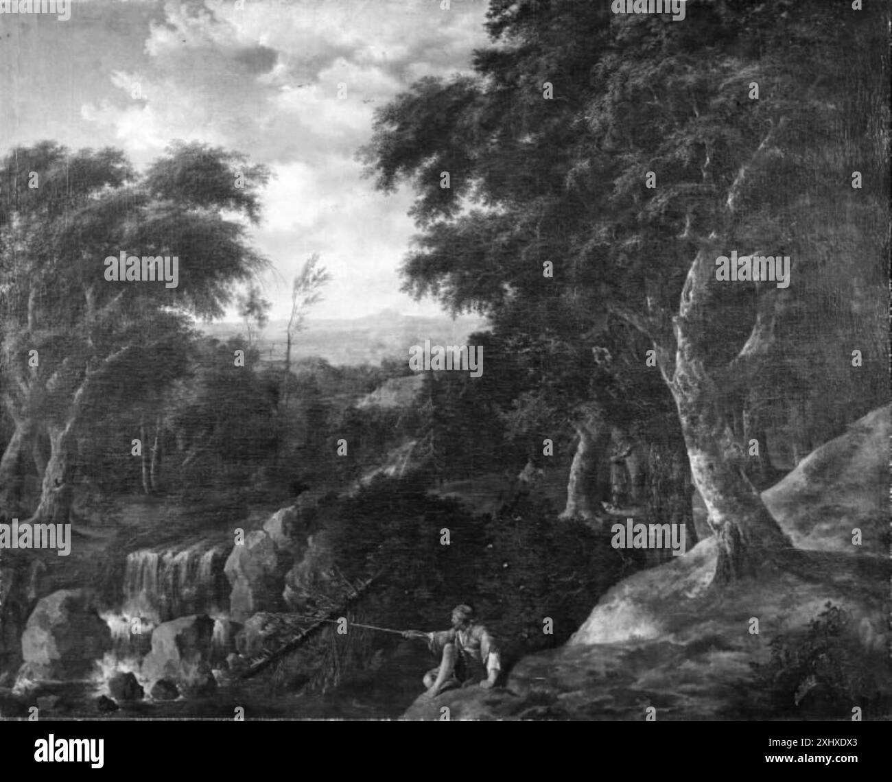 Un dipinto raffigurante un pescatore in un ruscello della foresta, che mostra un ambiente boschivo naturale, acqua e l'atto di pesca di Adriaen Hendriksz. Verboom, Johannes Lingelbach e Pieter van Bloemen. Foto Stock