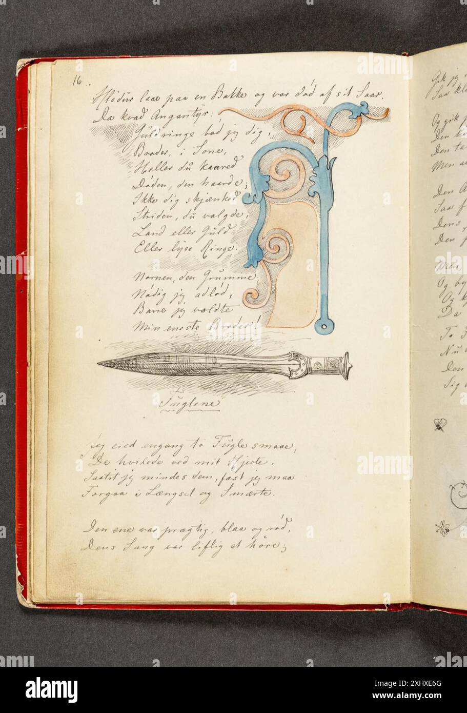 Disegno di Johan Thomas Lundbye (1818-1848), pagina 16, raffigurante elementi per porte ispirati agli ornamenti dell'età vichinga e una spada a due bordi con un forte albero. Foto Stock