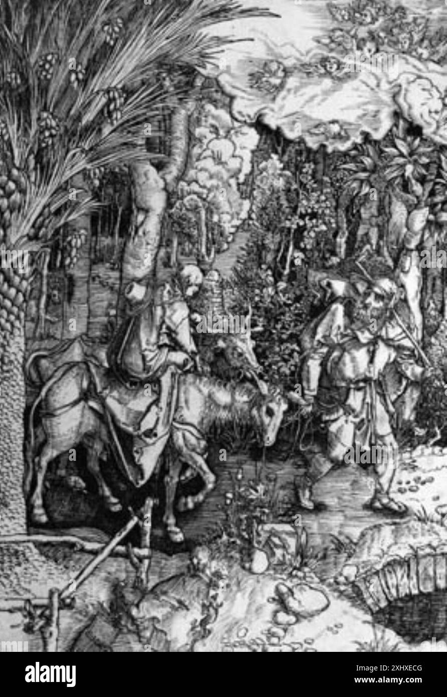 Un disegno attribuito ad Albrecht Dürer raffigurante la scena biblica "la fuga in Egitto", che mostra Maria, Giuseppe e il bambino Gesù in viaggio, con figure dettagliate ed elementi paesaggistici. Foto Stock