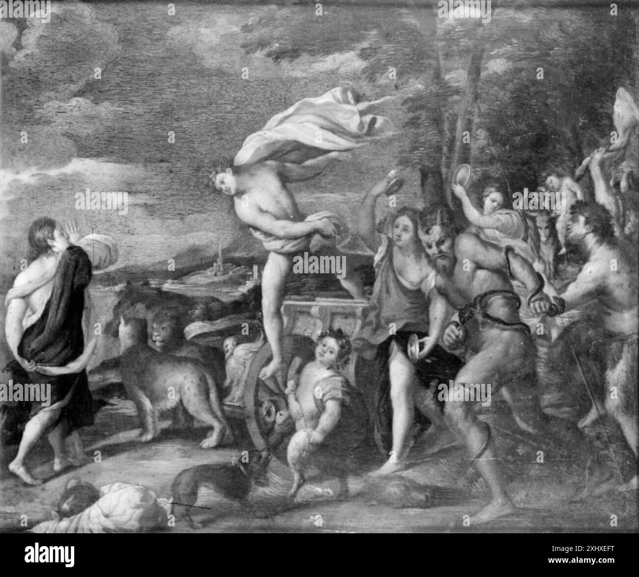 "Bacco e Arianna" è un dipinto ad olio di Tiziano, creato tra il 1520 e il 1523. Illustra una storia degli autori classici Ovidio e Catullo, raffigurante la principessa cretese Arianna abbandonata sull'isola greca di Nasso da Teseo, con Bacco, dio del vino, che si innamora a prima vista. Foto Stock