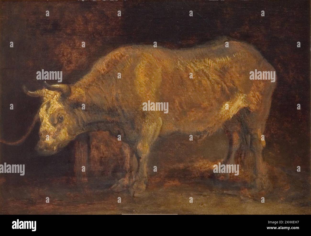 An bue Standing Rembrandts skole , Rembrandt van Rijn 1606 - 1669 Pittura Beschreibendes und kritisches Verzeichnis der Werke der hervorragendsten Holländischen Maler des XVII Jahrhunderts, Cornelis Hofstede de Groot, vol. Vi (1915) pag. 404 nr. 970 (ikke ganske sikker), 2119, 1907-28. Rembrandt, Carl Nordenfalk, nr. 21, 22722, 1956. Rembrandt: L'edizione completa dei dipinti, A. Bredius, nr. 459: 'È un'opera dipinta grossolanamente delle scuole di Rembrandt (L.Doomer?) e in realtà in uno stato piuttosto cattivo” (afb. i appendiks), 34769, 1969. Lambert Doomer 1624-1700: Leben und Werke. 1-2, Wolfgang S. Foto Stock