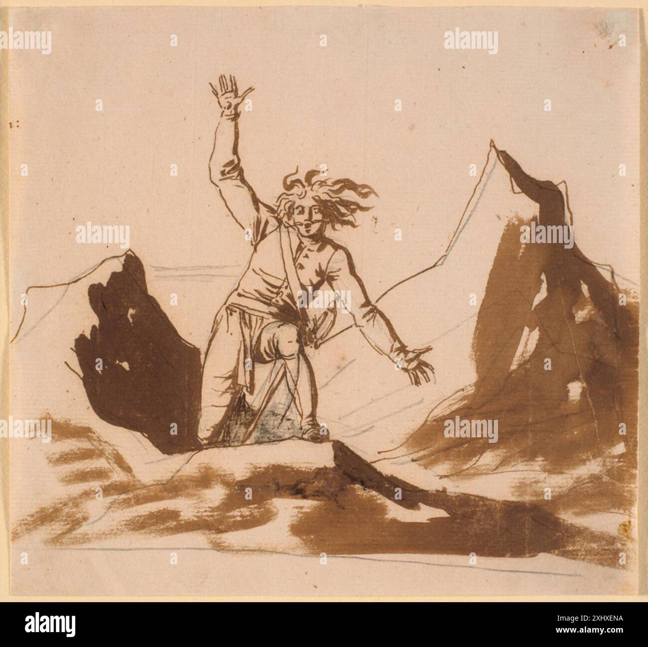 Disegno di Nicolai Abildgaard (1743-1809) raffigurante Niels Klim sulle scogliere della Norvegia, mostrando paesaggio e figura. Foto Stock