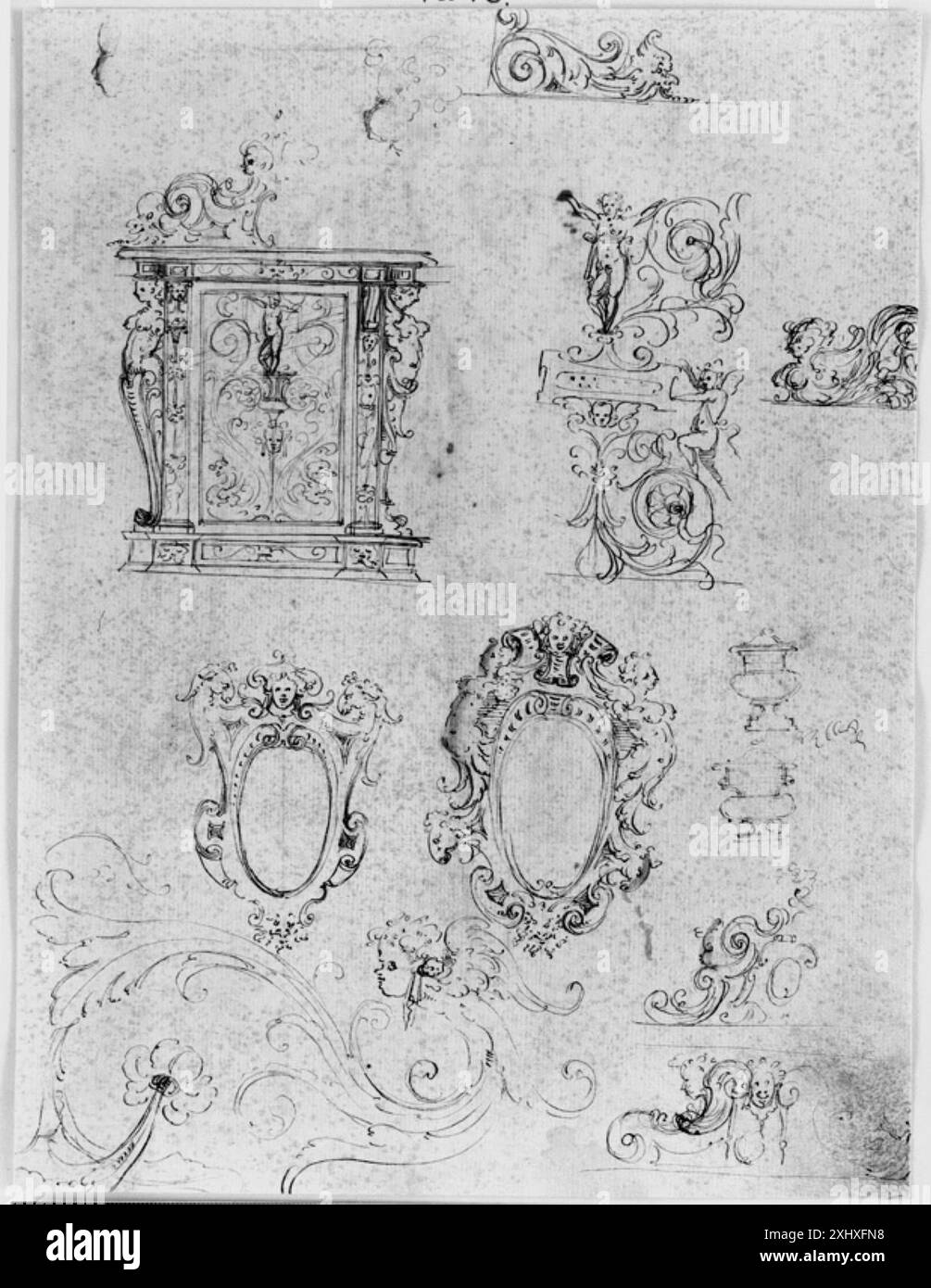 Disegni per mobili, cartigli, vasi e grottesche disegni fiorentini sconosciuti: Scuole di Firenze, Siena, Marche e Umbria. Disegni italiani nel Dipartimento di stampe e disegni, Statens Museum for Kunst, Chris Fischer, 19, k2002-001, 2001 disegni per mobili, cartigli, vasi e grottesche Foto Stock