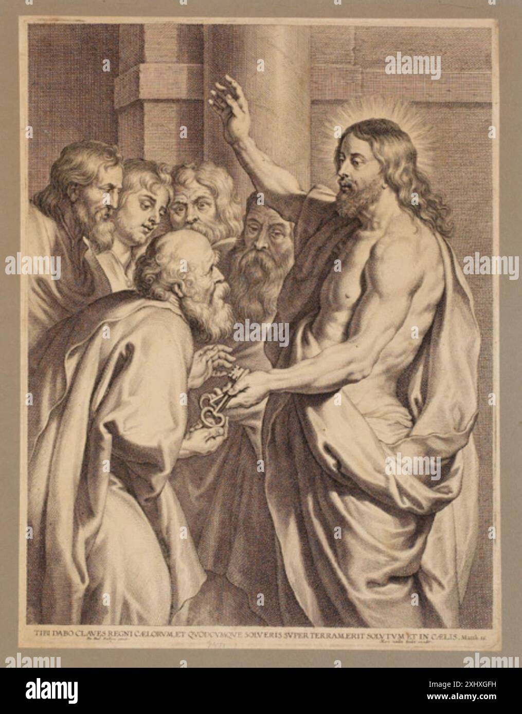 Cristo consegna le chiavi a Pietro Giobbe (i), Pieter de 1573 - 1634, Bolswert, Schelte Adamsz. 1584 - 1659, Rubens, Peter Paul 1577 - 1640, Enden, Martinus van den 1605 - 1654 incisione in rame, Stampa il New Hollstein olandese e fiammingo incisioni, incisioni e xilografie 1450-1700, la dinastia de Jode, parte i-X, Marjolein Leesberg, 25 IV, 2018-2020. Hollstein's Dutch and Flemish etchings, incisioni e xilografie 1450-1700 (vol. IX), Heer - Kuyl, F.W.H. Hollstein, 70 IV, C 38945, 1953. Catalogue des éstampes gravées d'après P.P. Rubens, C. G. Voorhelm Schneevoogt, 32.178, 2271, 1873 Kristus overrækk Foto Stock