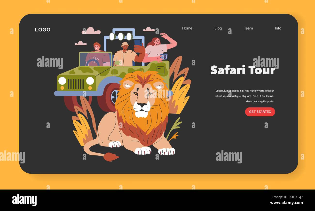 Tour Safari. Turisti avventurosi in un safari con animali selvatici che si incontrano da vicino con un maestoso leone. Un'esperienza di viaggio emozionante. Illustrazione vettoriale. Illustrazione Vettoriale