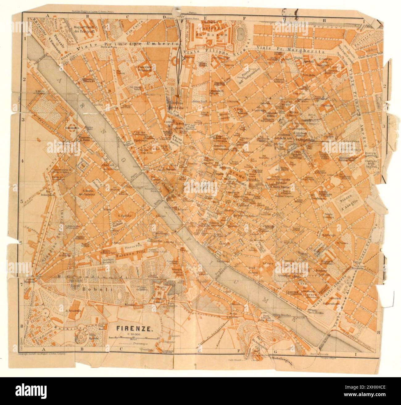 Disegno di Niels Larsen Stevns che mostra una mappa della città di Firenze, Italia, che illustra strade, edifici e layout urbano, creato nel 1864-1941. Foto Stock