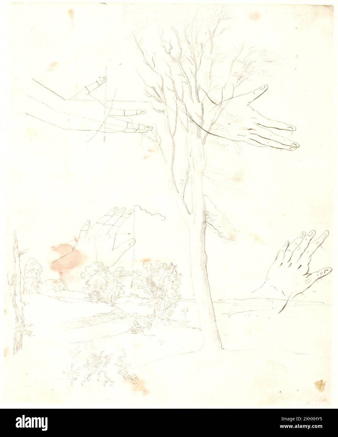 Disegno di Dankvart Dreyer che raffigura i vicoli in primo piano con un albero alto, che mostra la composizione del paesaggio, gli alberi e i sentieri. Foto Stock