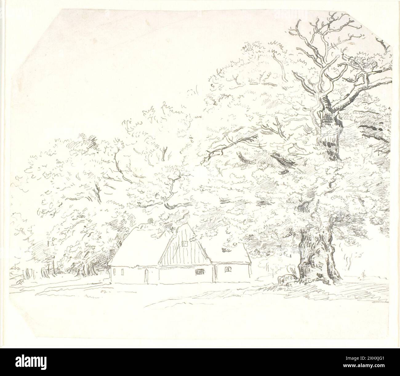 Un disegno di Dankvart Dreyer che mostra la casa di un ranger della foresta adiacente ad un grande albero di quercia, enfatizzando l'architettura e l'ambiente naturale. Foto Stock