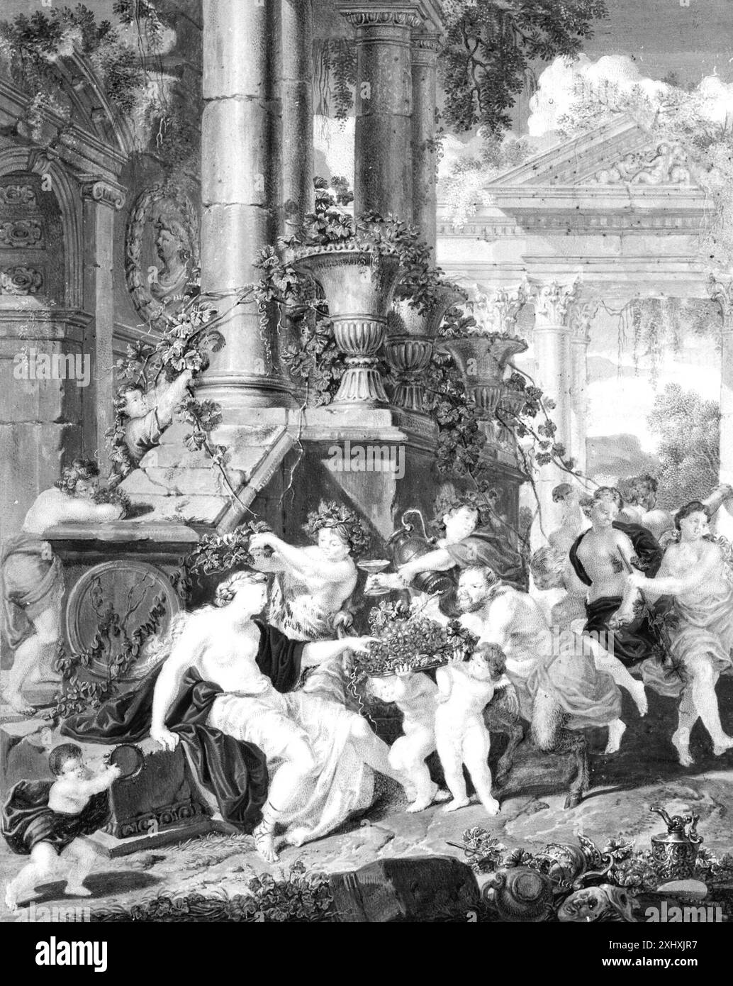 Incisione di Jacobus Houbraken che mostra il cardinale André Hercules de Fleury accompagnato da Diogene, creata nel XVIII secolo. Foto Stock