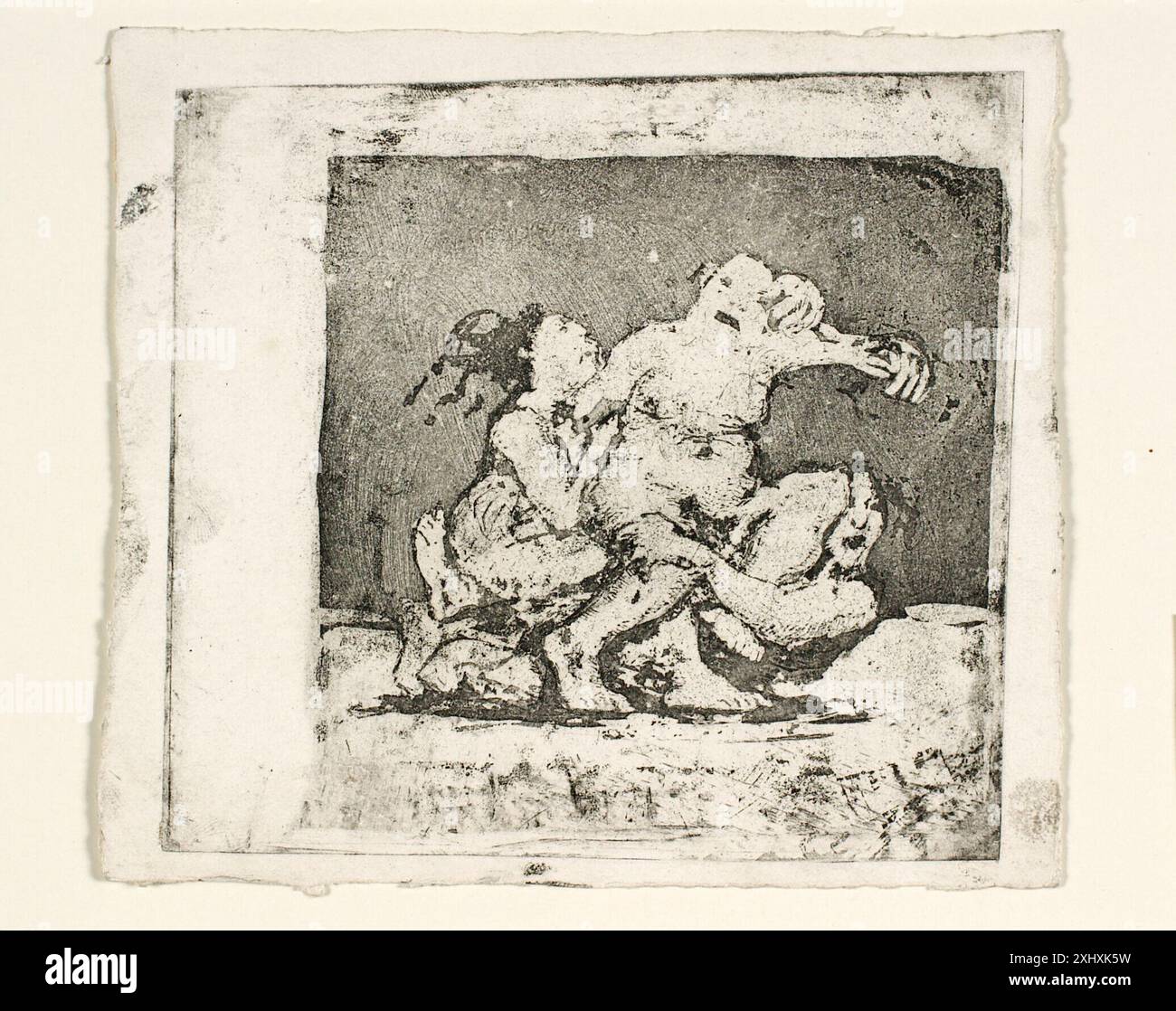 Aquatint di Oluf Hartmann mostra due donne che litigano su un uomo, enfatizzando figure, gesti e interazione. Foto Stock