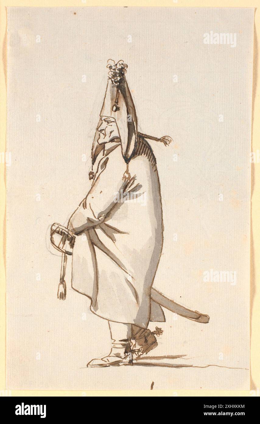 Una caricatura di Nicolai Abildgaard raffigurante una figura militare in un lungo mantello a cavallo di una sciabola come su un cavallo hobby. Foto Stock