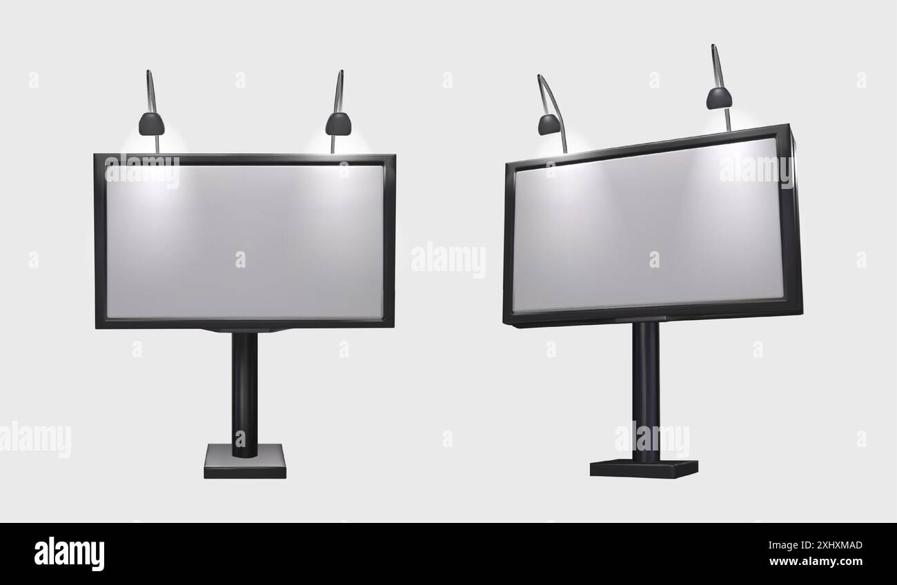 Grande mockup per cartelloni da esterno con schermo vuoto bianco e lampada. Set di illustrazioni vettoriali 3d realistiche con vista frontale e angolare su un modello commerciale lightbox orizzontale vuoto urbano. Illustrazione Vettoriale