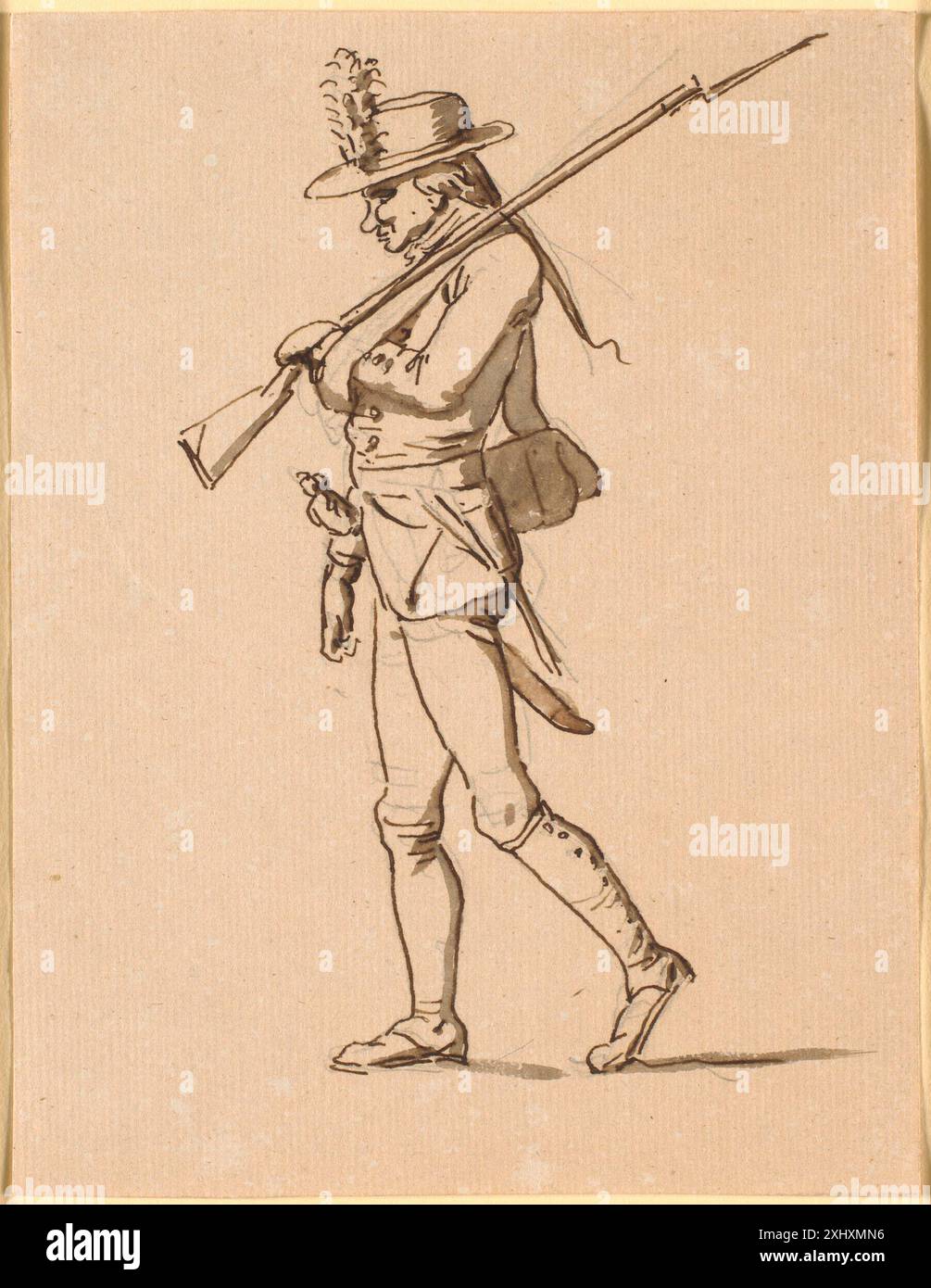 Un disegno di Nicolai Abildgaard che mostra un soldato di profilo a sinistra, con il braccio sinistro fasciato e con un fucile, creato tra il 1743 e il 1809 in Danimarca. Foto Stock