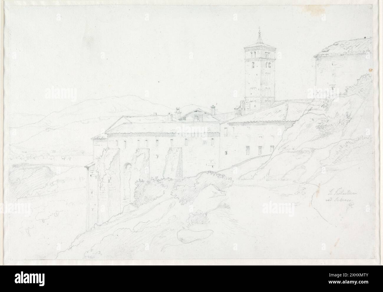 Scuola Santa vedere subiaco Roed, Jørgen 1808 - 1888 disegno '800 danese: architettura di Roma e paesaggi di Olevano Romano, Jens Peter Munk, p. 101, fig. 48 omt. p. 83ss., 2006-255, 2006. på sporet af Jørgen Roed: Italien 1837-1841, Ubekendt, Kat. n. 39, afb. pag. 42, 54324, 1991. Jørgen Roed. Ungdomsarbejder, Jens Peter Munk, afb. p. 287 (fig. 233), omt. P. 287, 2013 Santa scolastica ved Subiaco Foto Stock