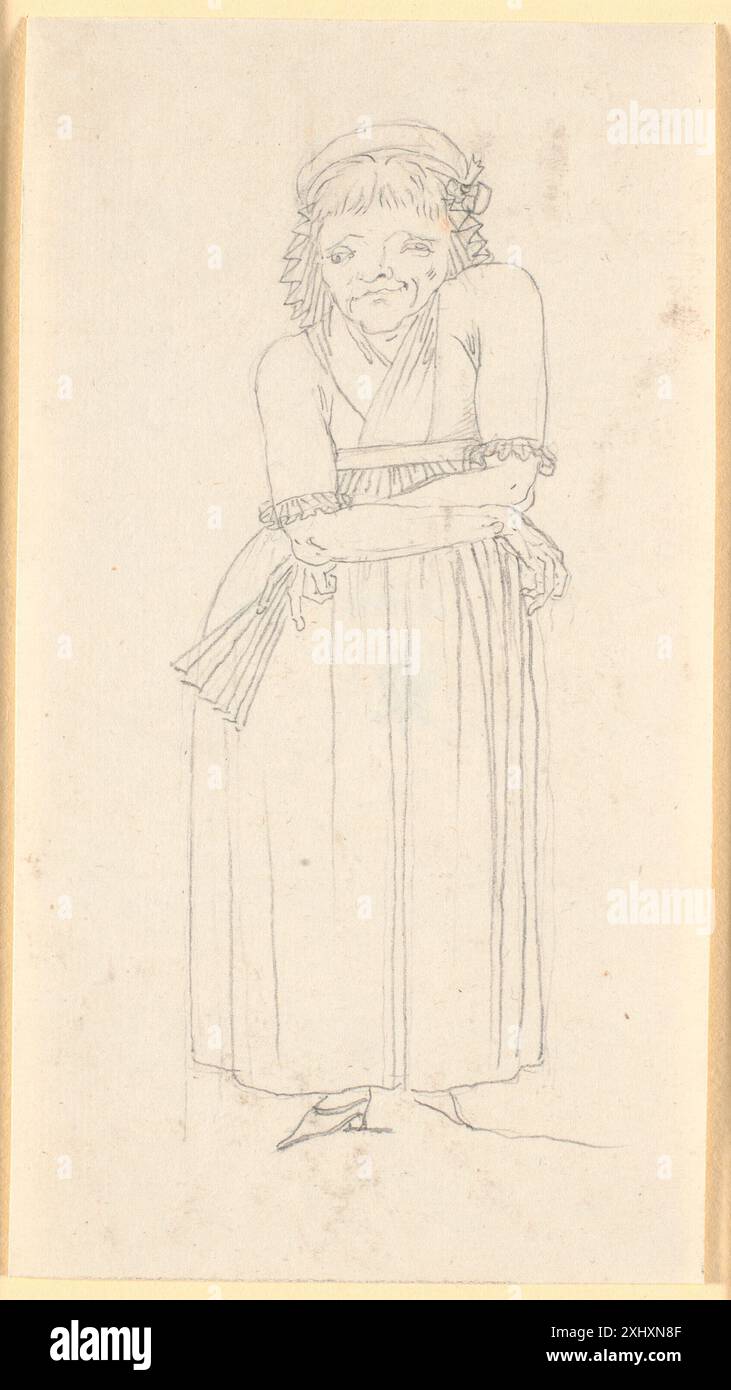 Il disegno di Nicolai Abildgaard raffigura una caricatura di una moglie gobba che tiene in mano un ventilatore, enfatizzando la postura del corpo, il gesto della mano e le caratteristiche esagerate. Foto Stock