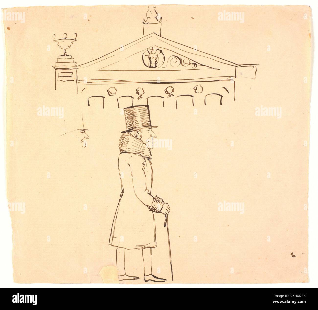 Disegno di P.C. Skovgaard che mostra una caricatura di un uomo che indossa pellicce fuori da un casinò, enfatizzando l'abbigliamento e la figura. Foto Stock