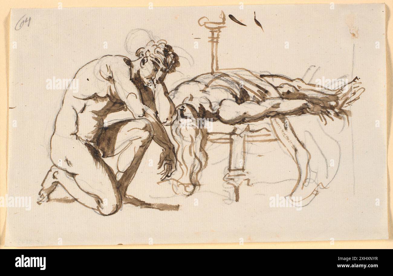 Disegno di Nicolai Abildgaard (1743-1809) raffigurante Achille in lutto per la morte di Patroclo, ispirato ai temi dell'Iliade. Foto Stock